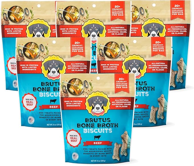 Brutus Bone Broth Biscuits (Beef) - Healthy Treats - Natural Dog Biscuits with Bone Broth and Real Beef for Healthy Joints - 18 Grams of Protein - 8 OZ (Pack of 6)