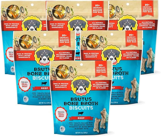 Brutus Bone Broth Biscuits (Beef) - Healthy Treats - Natural Dog Biscuits with Bone Broth and Real Beef for Healthy Joints - 18 Grams of Protein - 8 OZ (Pack of 6)