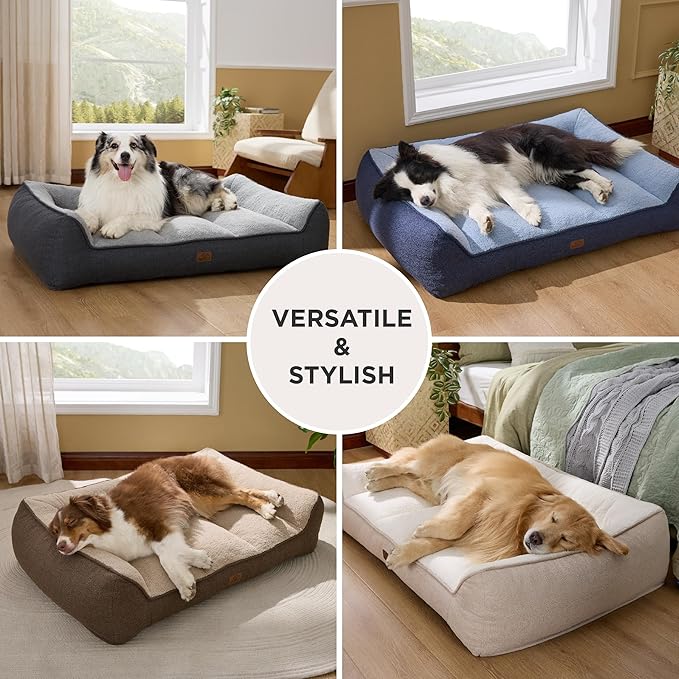 Bedsure Orthopedic Dog Beds Large Sized Dog - Extra Thick Supportive Large Dogs Bed with Waterproof Washable Cover, L Plus Comfort Pet Bed Sofa with Soft Plush Sherpa and Nonskid Bottom, Blue, 38"