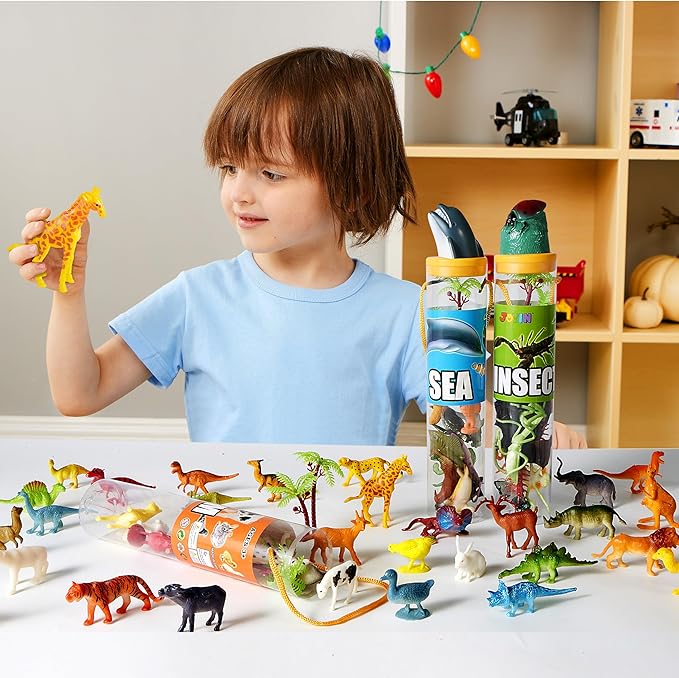 JOYIN 69 Pcs Small Animal Figures, Mini Jungle Toy Set with Sensory Bin, Realistic Wild Forest Playset, Zoo, Ocean, Farm Animals Figurines, Dinosaur Party Favors, Gifts for Boys and Girls, Kids 3-5