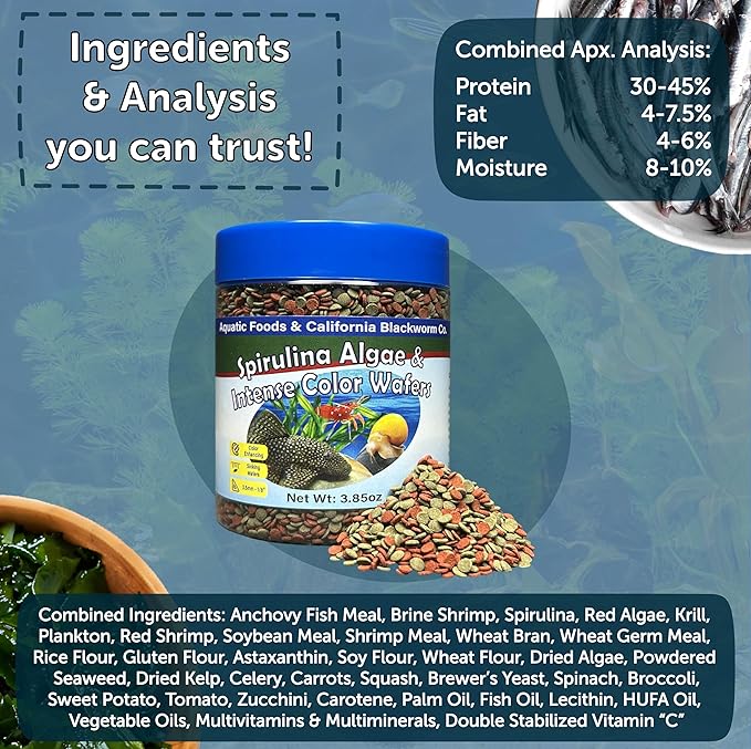 Aquatic Foods Inc. 3.5mm - 1/3" Small Sinking Wafers of Spirulina, Algae & Color Enhancing Wafers for Bottom Fish, Shrimp, Snails, All Fish. 4-Type Wafer & 12-Type Pellet Mix Included 6oz