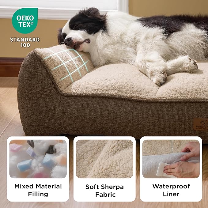 Bedsure Orthopedic Dog Beds Large Sized Dog - Extra Thick Supportive Large Dogs Bed with Waterproof Washable Cover, L Plus Comfort Pet Bed Sofa with Soft Plush Sherpa and Nonskid Bottom, Brown, 38"