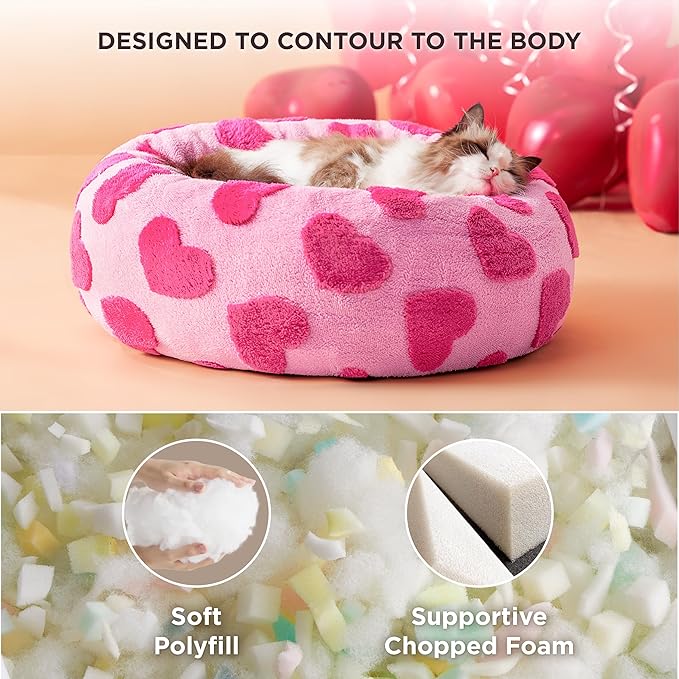 Lesure Donut Small Dog Bed - Round Cat Beds for Indoor Cats Anti-Anxiety Calming Pet Beds, Washable Cute Modern Beds with Teddy Sherpa Plush & Anti Slip Bottom, 20 Inch, Heart Pink