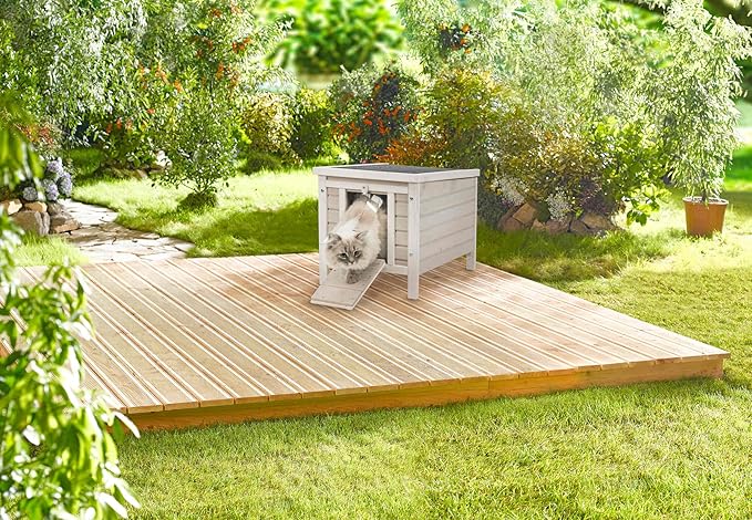 TRIXIE Outdoor Cat House, Weatherproof Cat Home with Raised Floor, Hinged Asphalt Roof & Covered Opening, Small Outdoor Shelter for Cats and Small Animals, Gray Fir Wood