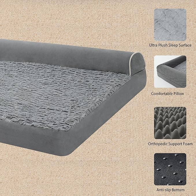 Orthopedic Dog Bed Waterproof Dog Beds for Large Dogs Deluxe Plush L-Shaped Dog Couch Beds with Egg Crate Foam Removable Washable Cover & Nonskid Bottom(Grey, XL(42''x30''x7.5''))
