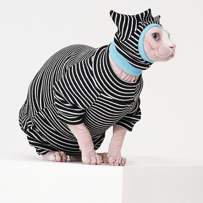 Sphynx Cat Clothes Black Stripe Breathable Shirts Suit, Pet Hat and Shirt Set (Small)