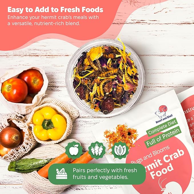 Bugs and Blooms Hermit Crab Food - 1 oz - 30 Grams - Whole Food Diet for Hermit Crabs - Seeds, Bugs and More by Snout and Shell