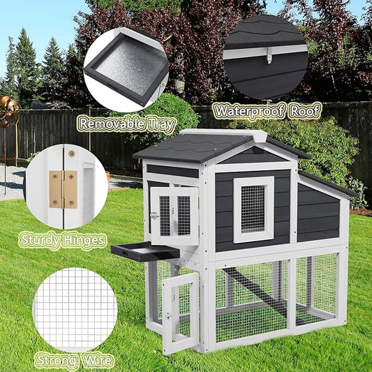 2-Story Rabbit Hutch Indoor, Wooden Furniture Style Bunny Cage with Run for Rabbits Guinea Pigs, Removable Tray & Openable Roof