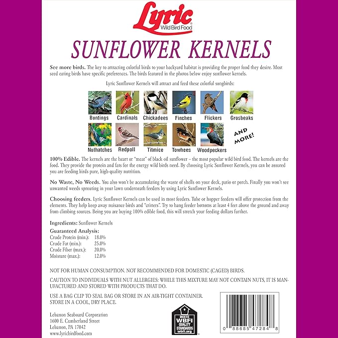 Lyric Sunflower Kernels Wild Bird Seed for Outside Feeders, No Waste Bird Food, Attracts Finches and More, 10 lb (Pack of 2-5 lb. Bags)
