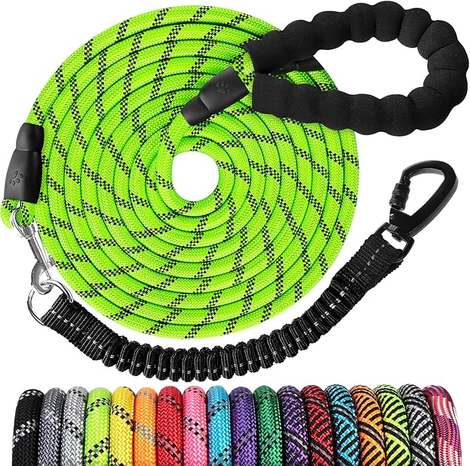 Long Dog Leash 50 FT: Heavy Duty Rope Leashes for Dogs Training with Swivel Lockable Hook Reflective Threads Bungee and Padded Handle - Dog Lead for Large Small Medium Dogs Outside Walking Hiking