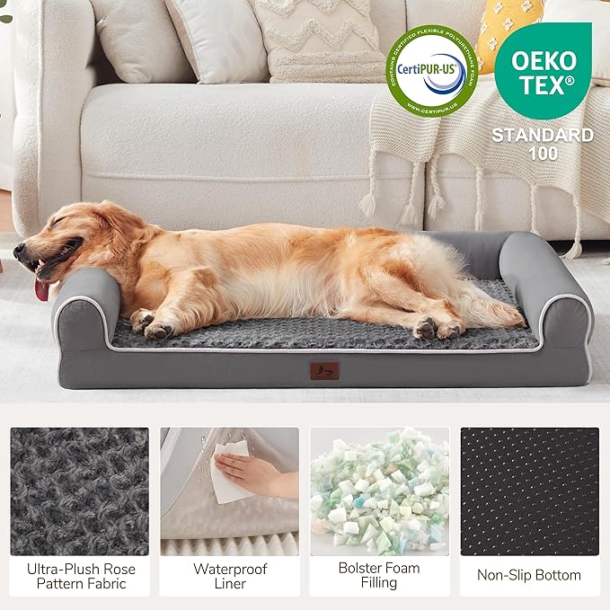 Orthopedic Dog Beds for Extra Large Dogs, Waterproof XL Pet Bed with Sides, Non-Slip Bottom and Egg-Crate Foam Large Pet Couch Sofa with Washable Removable Cover, Dark Grey