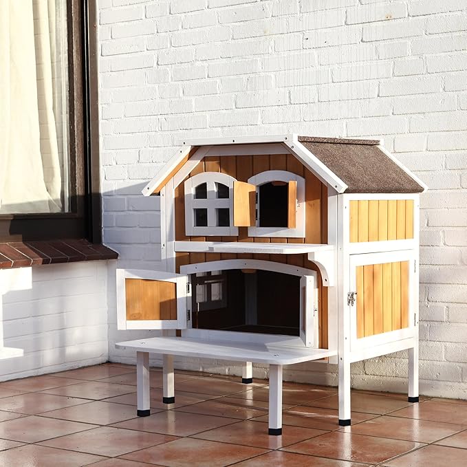 TRIXIE 'Welcome' Outdoor Cat House, Elevated-Weatherproof 2-Story Cat Home, Hinged Roof, Large Access Door, Indoor/Outdoor Shelter for Cats, Brown/White Fir Wood