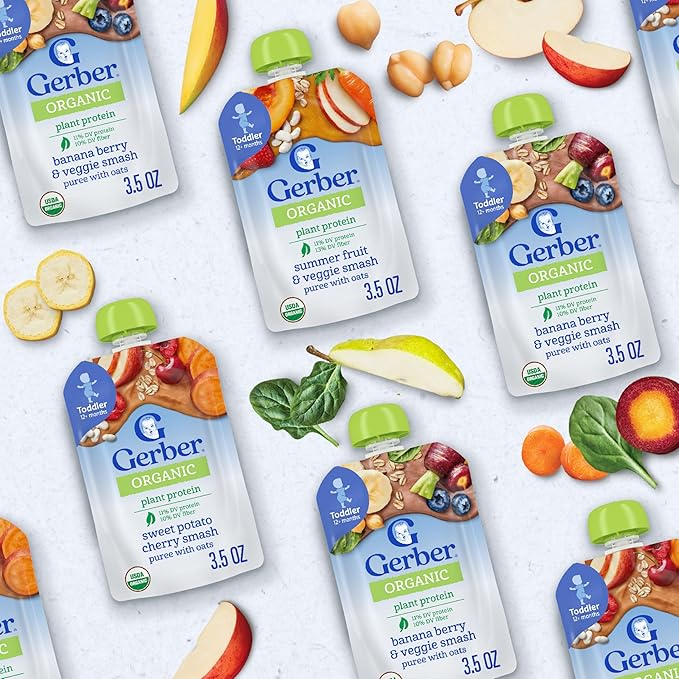 Gerber Toddler Food, Organic Sweet Potato Cherry Smash Puree Pouch, Toddler Pouches, No Added Sweetener, No Artificial Flavors, 12-Pack