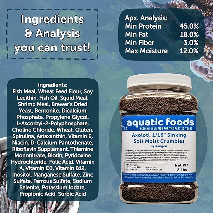 Aquatic Foods Inc. 1/16" Soft Moist Sinking Salmon Crumbles for Baby Axolotls, Shrimp, Snails, Crabs, Small Amphibians, Bottom Tropical Fish...5-lb Lg Jar