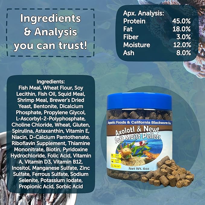Aquatic Foods Inc. Axolotl Pellet Food 1/4" Soft Moist Sinking Pellets for Juvenile Axolotl Also Shrimp, Snails, Crayfish, Bottom Tropical Fish, Blackworm Pellets Included 1-lb 8oz Canister