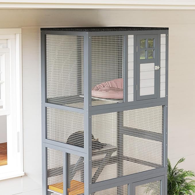 PawHut 74" Wooden Catio Outdoor Cat Enclosure Weatherproof & Wheeled, Outside Cat House with High Weight Capacity, Kitten Cage Condo, Dark Gray