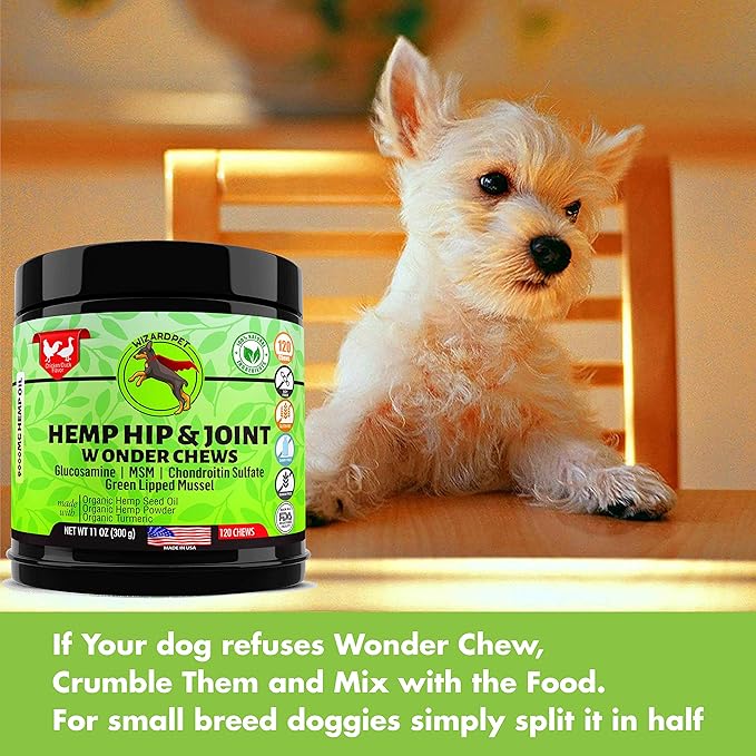 Advanced Hemp Hip and Joint Supplement for Dogs Hemp Oil Glucosamine Chondroitin for Dog Omegas Turmeric MSM Green Lipped Mussel Made in USA Treats Support Mobility 120 Chews