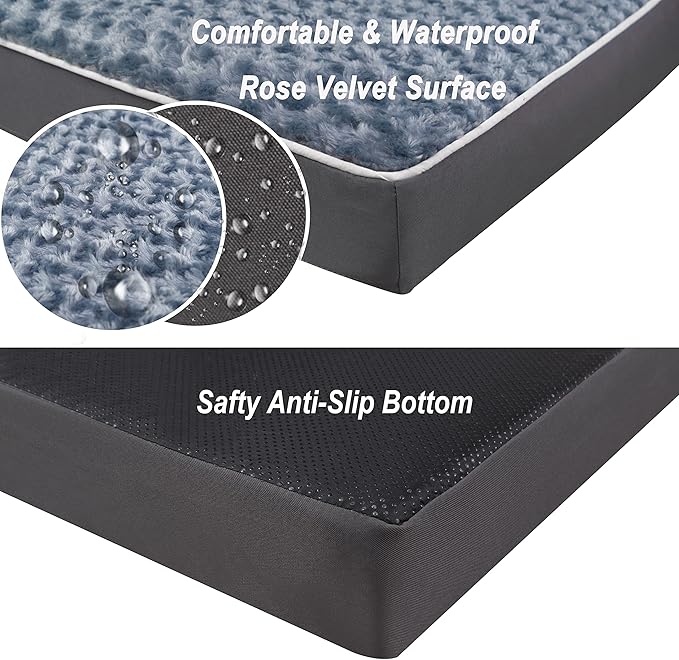 Dog Bed Mats for Large Jumbo Big Dog - Orthopedic Dog Pet Durable Crate Bed Mattress of Thick Egg Foam Crate, Rose Plush Washable Cover, Non-Slip Bottom (XXXL(54''x42''x4''), Grey Side)