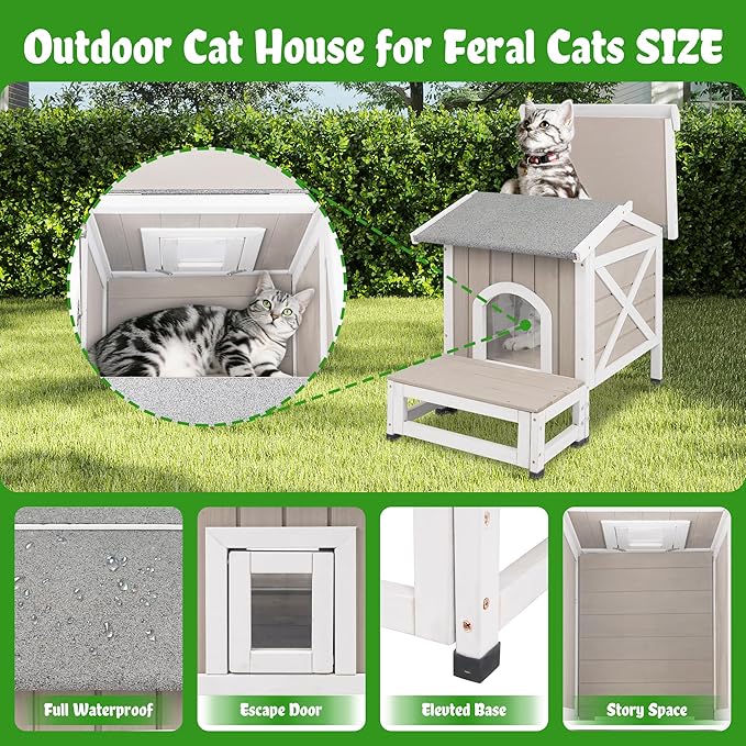 Outdoor Cat House Weatherproof Cats Shelter for Feral Kitten Pet Houses for 1-2 Small Animlas 2 Story Wooden Houses for Indoor Outdoor Cats with Escape Doors (30" L Small Cat House)