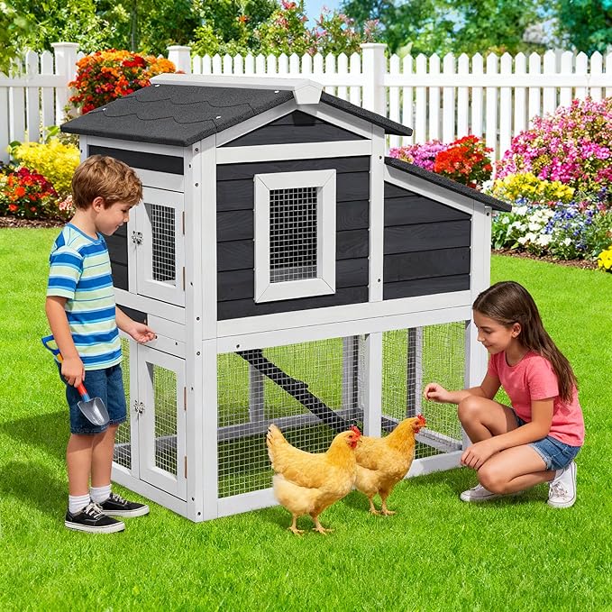 Small Chicken Coop for 2 Chickens,Wooden Chicken Coops with Nesting Boxes Indoor Outdoor,Bunny House Rabbit Hutch Poultry Pet Run Cage with Waterproof Roof,Stairs&Leak-Proo-Tray (Grey)