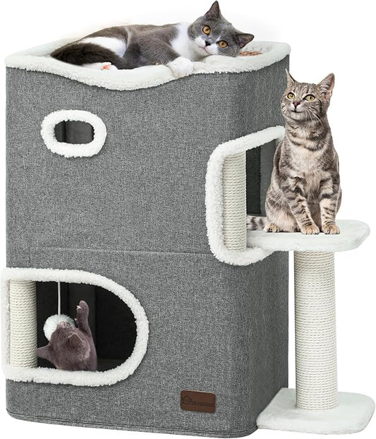 YITAHOME 2-Tier Cat House, Indoor Cat Cave Bed Playhouse, Covered Cat Beds & Furniture with Scratch Pad and Hideaway Cave, Cute Modern Cat Condo Furniture for Multi Small Cats, Grey