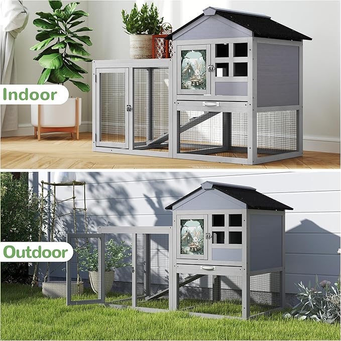 48" L Rabbit Cage Bunny Hutch Outdoor Indoor, Expandable 2-Story Large Wooden Small Animal Cage with Run, Removale Tray, Top-Opening Waterproof Roof, 2 Doors, DIY Drawing Board, Grey
