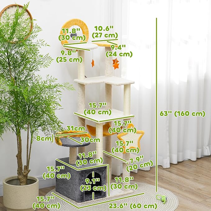 PawHut Cat Tower, 63 Inch Tree for Large Adult Indoor Cats with Scratching Post, Hammock, Condo, Bed, Scratching Board & Toys, Moon and Star Themed Cat Tree Tower, Beige