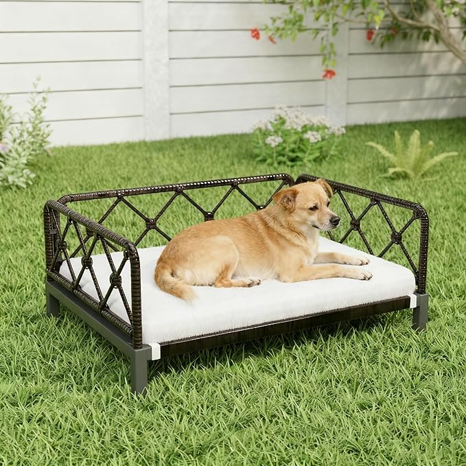 Elevated Indoor & Outdoor Dog Bed for Small Dogs, Durable Rattan Wicker Pet Sofa with Removable Washable Waterproof Cushion, Stylish Dog Couch, Black Rattan/White Mat