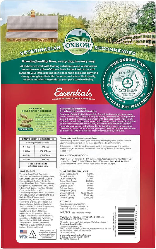 Oxbow Essentials Rabbit Food, Senior, Made with Oxbow Alfalfa for Rabbit, Vitamin & Mineral Rich Pet Pellets, Small Animal Pet Products, Bunny Food, Made in USA, High Fiber, 4 lb. Bag