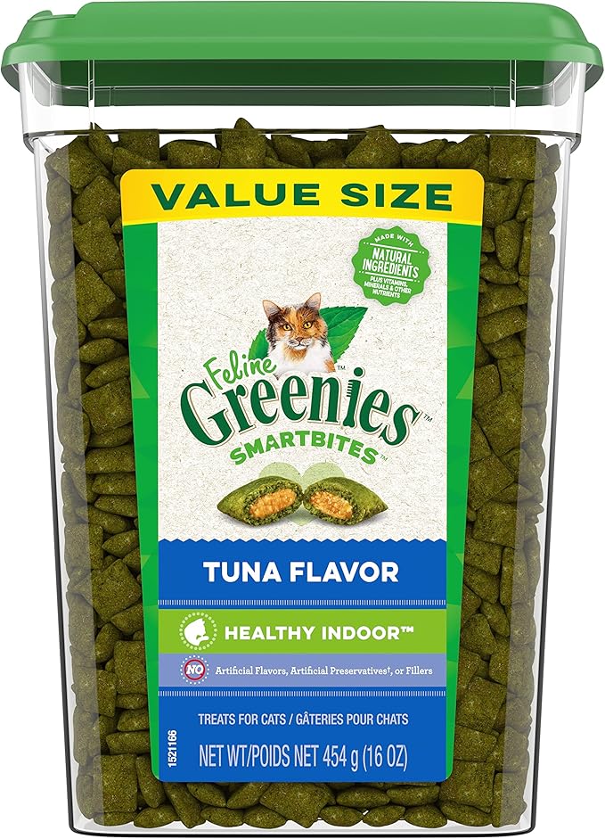 Greenies Feline Smartbites Healthy Indoor Natural Treats for Cats, Tuna Flavor, 16 oz. Tub