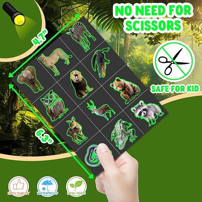 96 PCS Realistic Wildlife Jungle Animal Glow In The Dark Luminous Pre-Cut Temporary Tattoos Sticker Reptile Birthday Party Decorations Supplies Favors Gifts Boys Girls Zoo Cute Fake Tattoo Themed