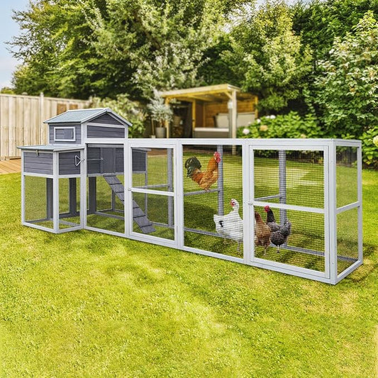 150" Extra Large Chicken Coop – Outdoor Wooden Hen House with Black Rust-Proof Metal Wire, 2 Spacious Nesting Boxes, 5 Perches, Predator-Proof & Durable Chicken Cage for 4-6 Poultry White