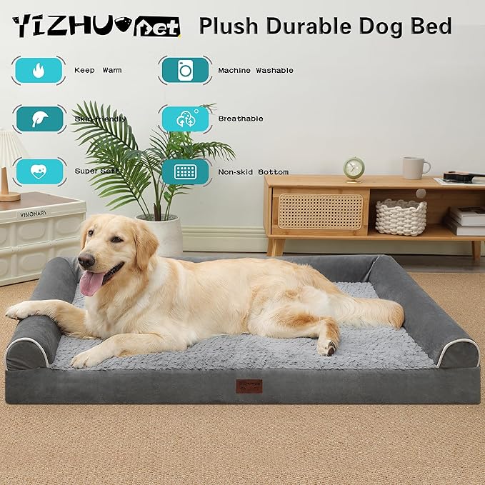 Orthopedic Dog Bed for Large Dogs - Egg Foam Sofa Bed with Waterproof Lining, Removable Washable Cover, Non-Skid Bottom - L 36x27x6.5Inch, Grey