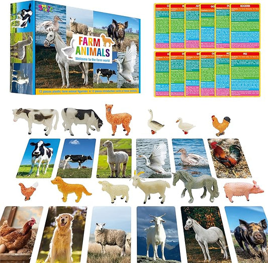 SpriteGru 12 PCS Farm Animal Figurines with 12 Introducing Flashcards, Realistic Farm Animals Playset Montessori Toys Science Educational Matching Game for Homeschool Preschool Toddler Kids