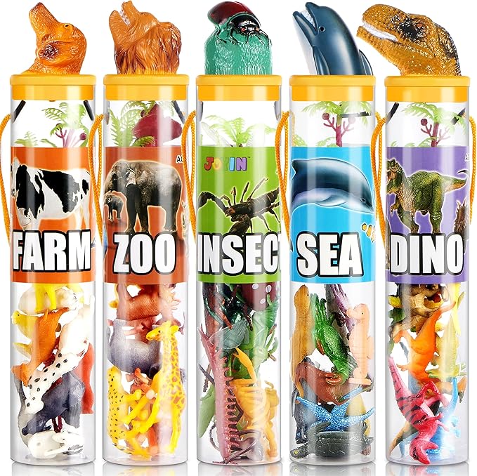 JOYIN 69 Pcs Small Animal Figures, Mini Jungle Toy Set with Sensory Bin, Realistic Wild Forest Playset, Zoo, Ocean, Farm Animals Figurines, Dinosaur Party Favors, Gifts for Boys and Girls, Kids 3-5