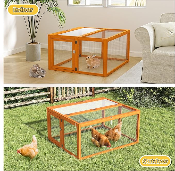 COZIWOW Portable Chicken Coop with UV-Proof Panel, 4X Garden Stakes, Wooden Rabbit Hutch, Chicken Brooder Indoor, Outdoor Folding Chicken Cage, Top & Side Openable Doors, 43.3Inch (Orange)