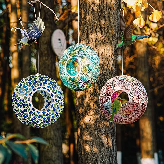 Topadorn Outdoor Bird Feeder - Decorative Mosaic Circle Fly Through Design for Birds