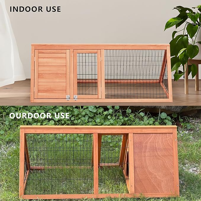 Wooden Rabbit Run Cage Outdoor,A-Frame Bunny Playpen House Indoor,Small Bunny Hutch with Ventilating Wire Fence for Puppy Rabbits (Wood)