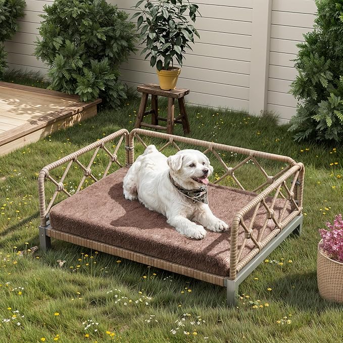 Dog Bed with Cushion, Cooling Elevated Raised Beds with Rattan Breathable Mesh and Universal Mat, Indoor & Outdoor Pet Cots for Small Dog, Brown