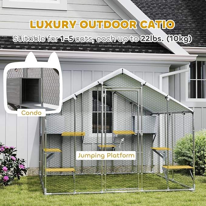 PawHut Catio Outdoor Cat Enclosure, 94.5" Extra Large Walk-in Cat House with Waterproof Cover, 2 Resting Boxes, 7 Jumping Platforms, Chicken Run Coop, Rabbit Hutch, Feral Cat Shelter for Multiple Cats