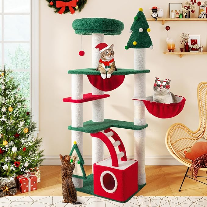 SHA CERLIN 67in Tall Cat Tree/Climbing Tower with Top Perch, Hammock, Sisal Scratching Posts/Cute Condo for Indoor Kitties/Pet Feline House/Activity Center/Christmas Decor/Green & Red