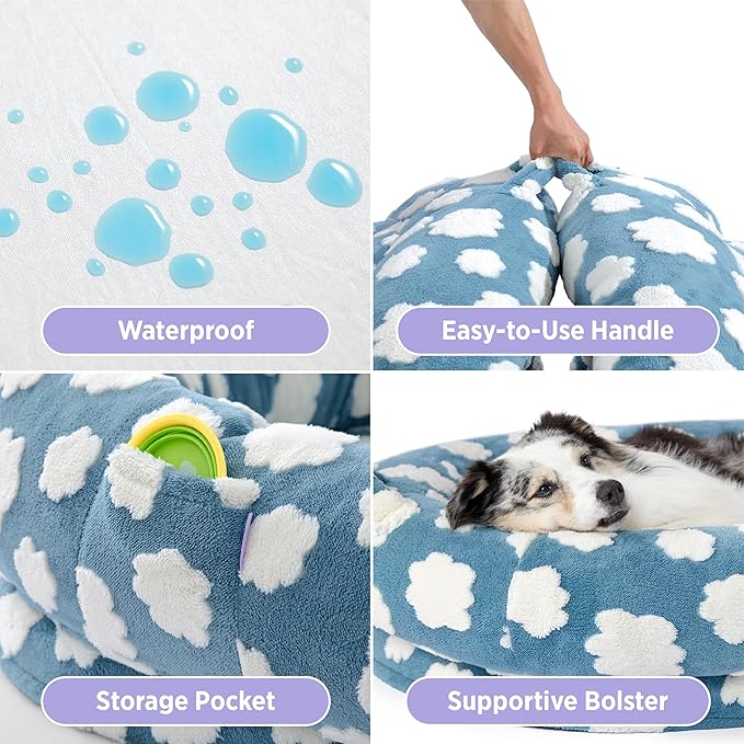 Lesure Human Dog Bed for Adult - Calming Human Size Dog Bed with Egg Foam Supportive Mat and Storage Pocket, Cute Modern Pet Beds with Jacquard Shaggy Plush & Anti Slip Bottom 55x37x10, Blue