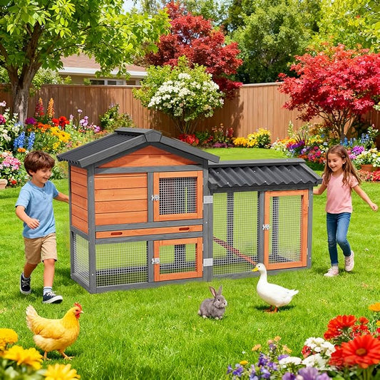 Chicken Run Coop,Wooden Duck Coop Outdoor 2-Tier Hen House All Weather Used Poultry Quail Cage Rabbit Hutch Pet Hideout with Ramp for Small Medium Animals-Expandable Design (Brown)