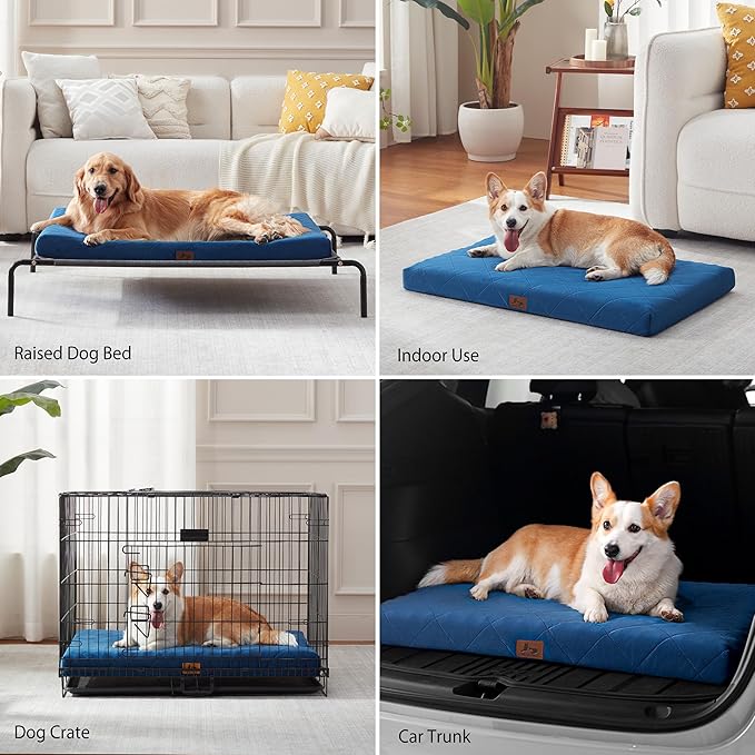 Orthopedic Dog Crate Bed for Large Medium Size Dogs, Waterproof Pet Bed Mat with Egg Crate Foam, Flat Dog Crate Pad with Removable Washable Cover, 41 x 28 Inch Kennel Pads, Navy