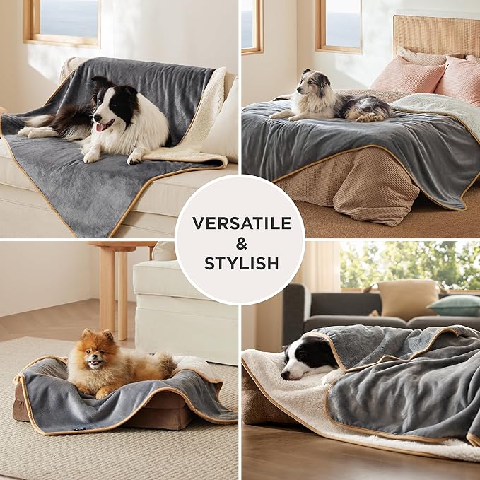 Bedsure Waterproof Dog Blankets for Small Dogs - Small Cat Blanket Washable for Couch Protection, Sherpa Fleece Puppy Blanket, Soft Plush Reversible Throw Furniture Protector, 25"X35", Grey