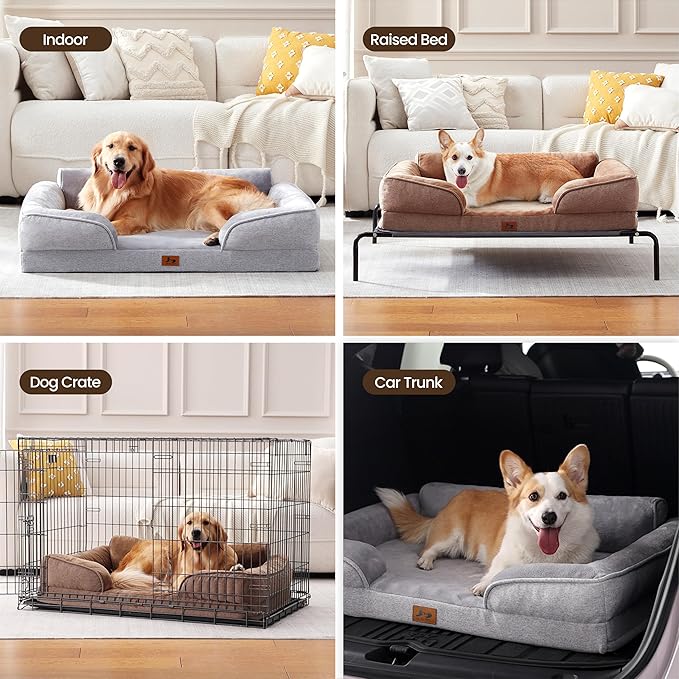 Orthopedic Dog Beds for Large Sized Dogs, Waterproof Egg-Crate Foam Pet Couch Bed with Soft Sides, Non-Slip Dog Sofa with Flannel Removable Washable Cover, 35" L Supportive Pet Sofa, Brown