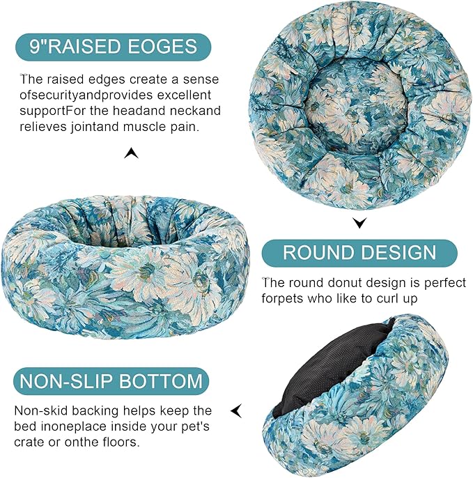 Dog Calming Beds for Small Medium Large Dogs - Round Donut Washable Puppy Dog Bed, Anti-Slip Faux Fur Fluffy Donut Cuddle Anxiety Cat Pet Bed (24" Flower)
