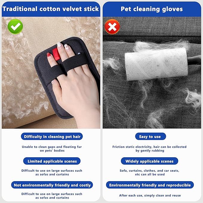 Pet Hair Remover, Reusable Electrostatic Pet Hair Removal Gloves, Dog & Cat Hair Removal Gloves Suitable for Carpets, Sofas, Curtains, Clothing, Upgraded Pets Grooming Fur Cleaner(Black)