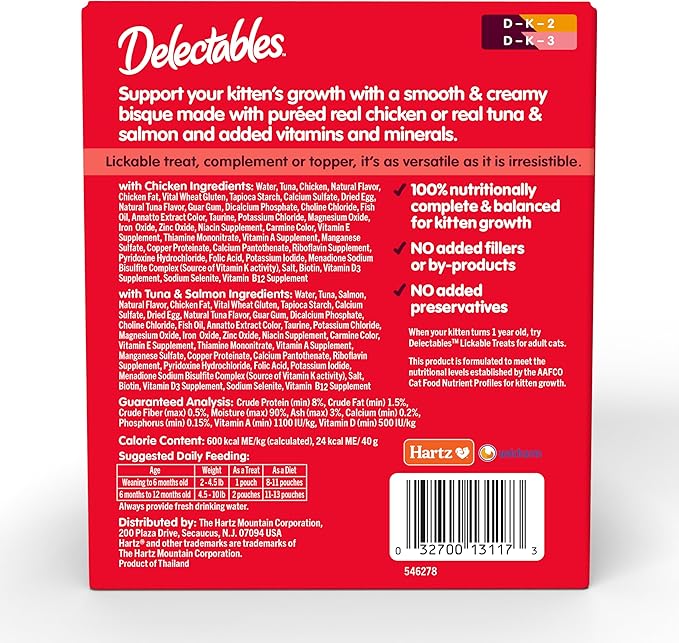 Hartz Delectables Bisque for Kittens, Complete & Balanced Variety Pack Cat Wet Lickable Treats, 12 Count