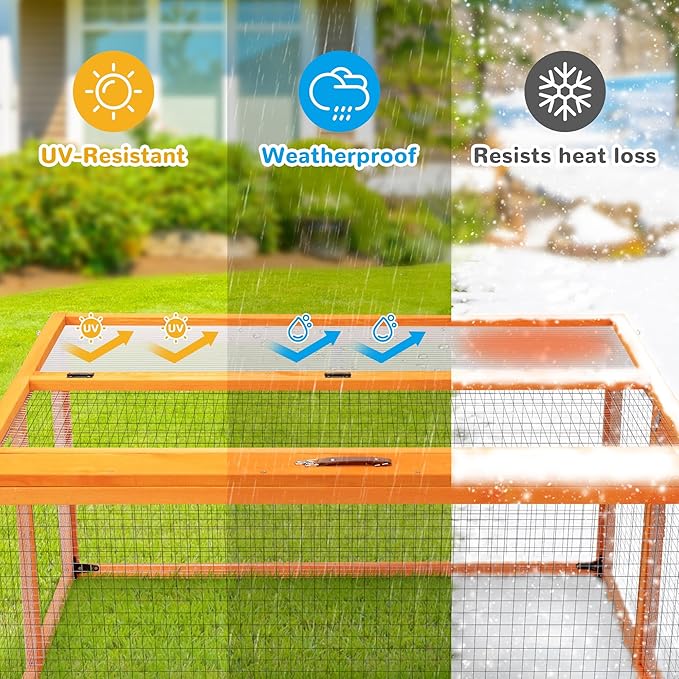 COZIWOW Portable Chicken Coop with UV-Proof Panel, 4X Garden Stakes, Wooden Rabbit Hutch, Chicken Brooder Indoor, Outdoor Folding Chicken Cage, Top & Side Openable Doors, 43.3Inch (Orange)